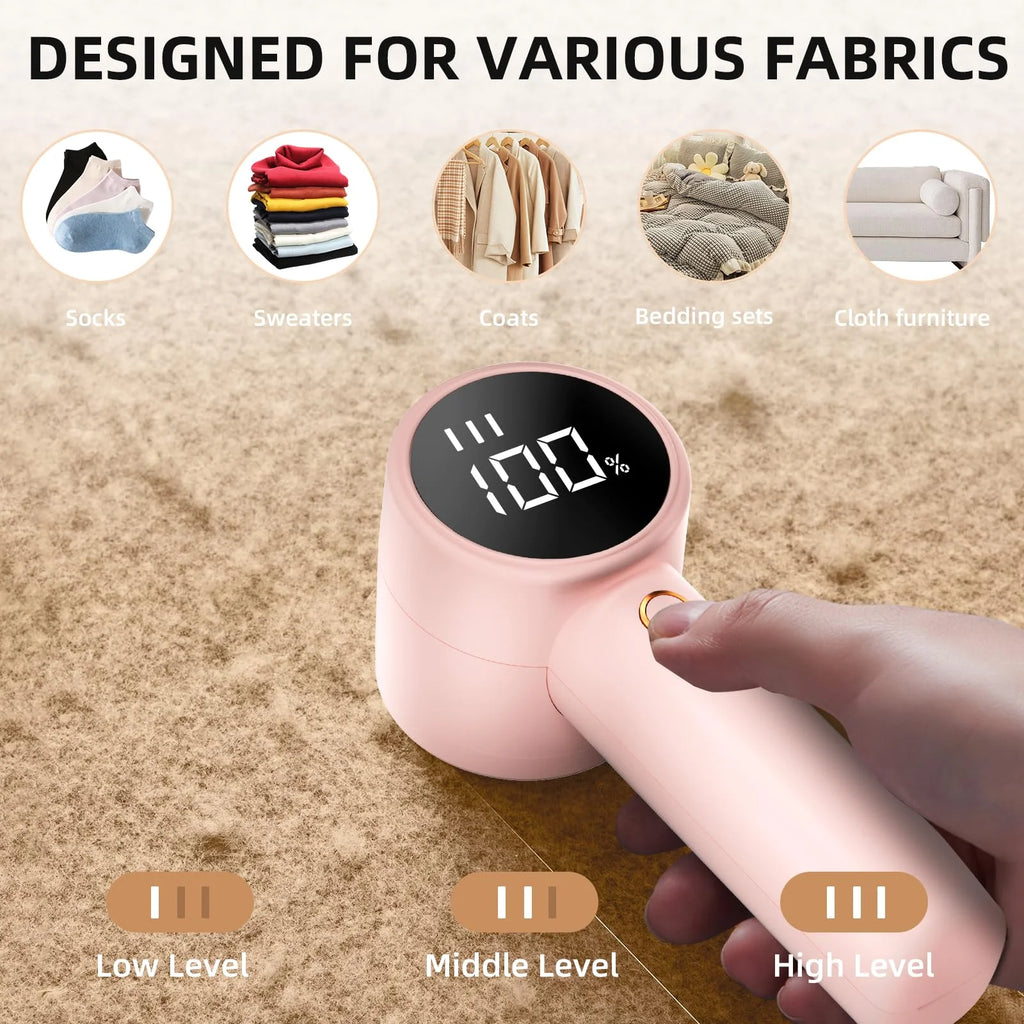 Fabric Shaver, Lint Remover Rechargeable, Electric Portable Sweater Defuzzer with 3 Speeds, 6 Leaf Blades, Digital LED Display to Remove Pilling for Clothes, Furniture, Sweater, Couch, Blanket- Pink