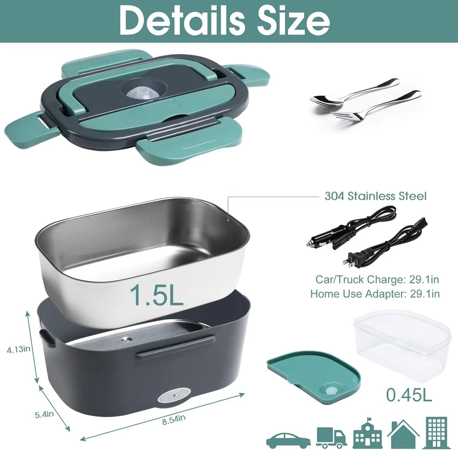 Electric Lunch Box for Car and Home,Portable Food Warmer, Reusable Lunch Bag, with Spoon Fork, 1.5L Large Capacity